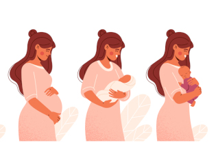 une femme enceinte, puis la même qui porte un nourisson puis la même qui porte son bébé